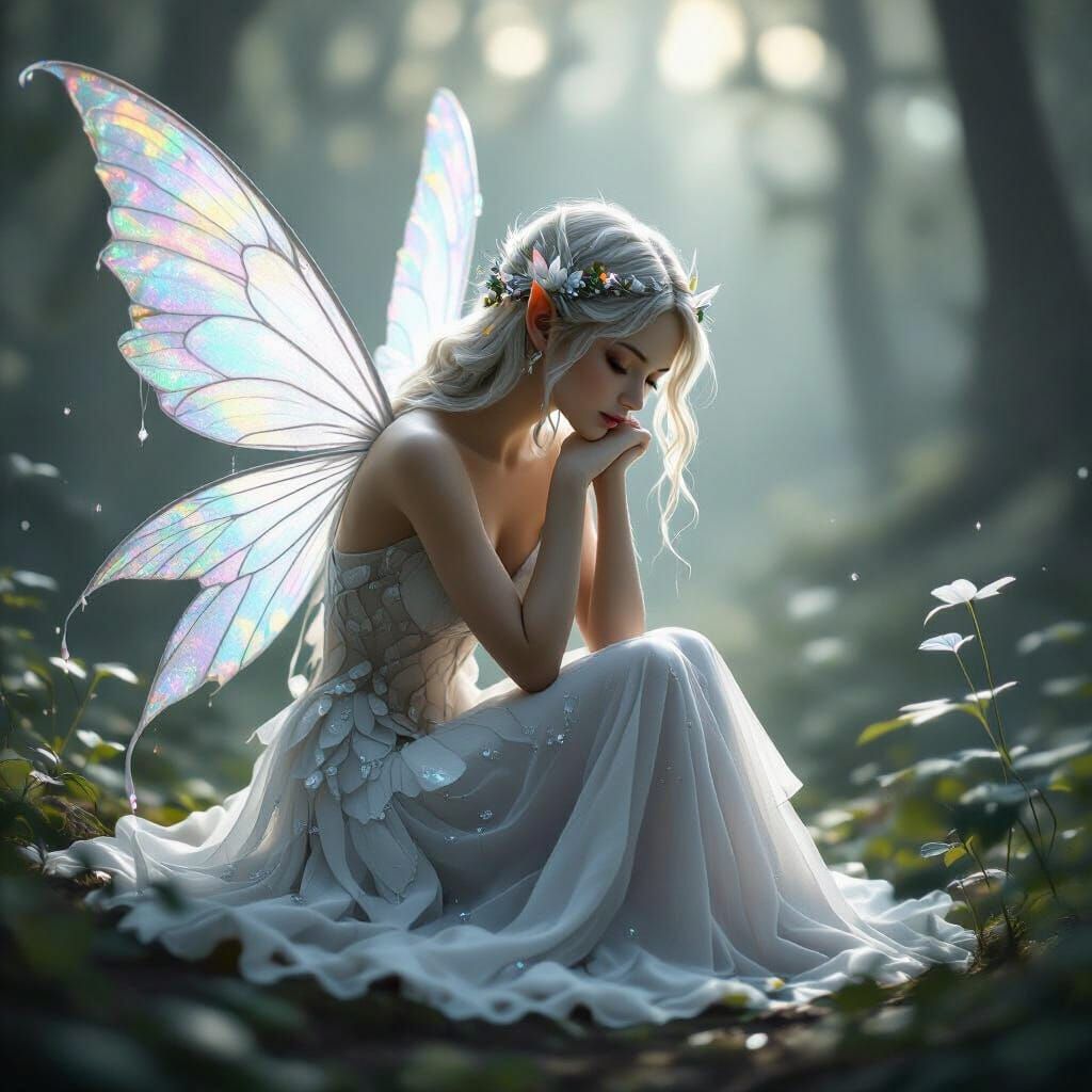 Serene Grayscale Fairy in Quiet Introspection