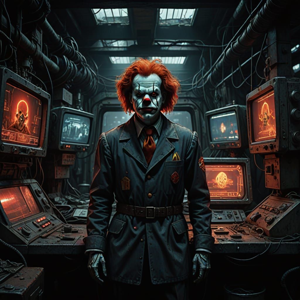 Dark Fantasy Ronald McDonald in Abandoned Shiphelm with Futu...