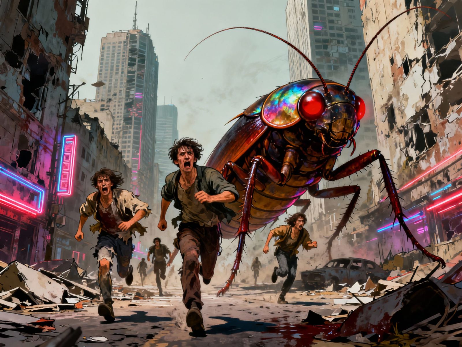 Apocalypse Survivors Flee Giant Cockroaches in Retro City