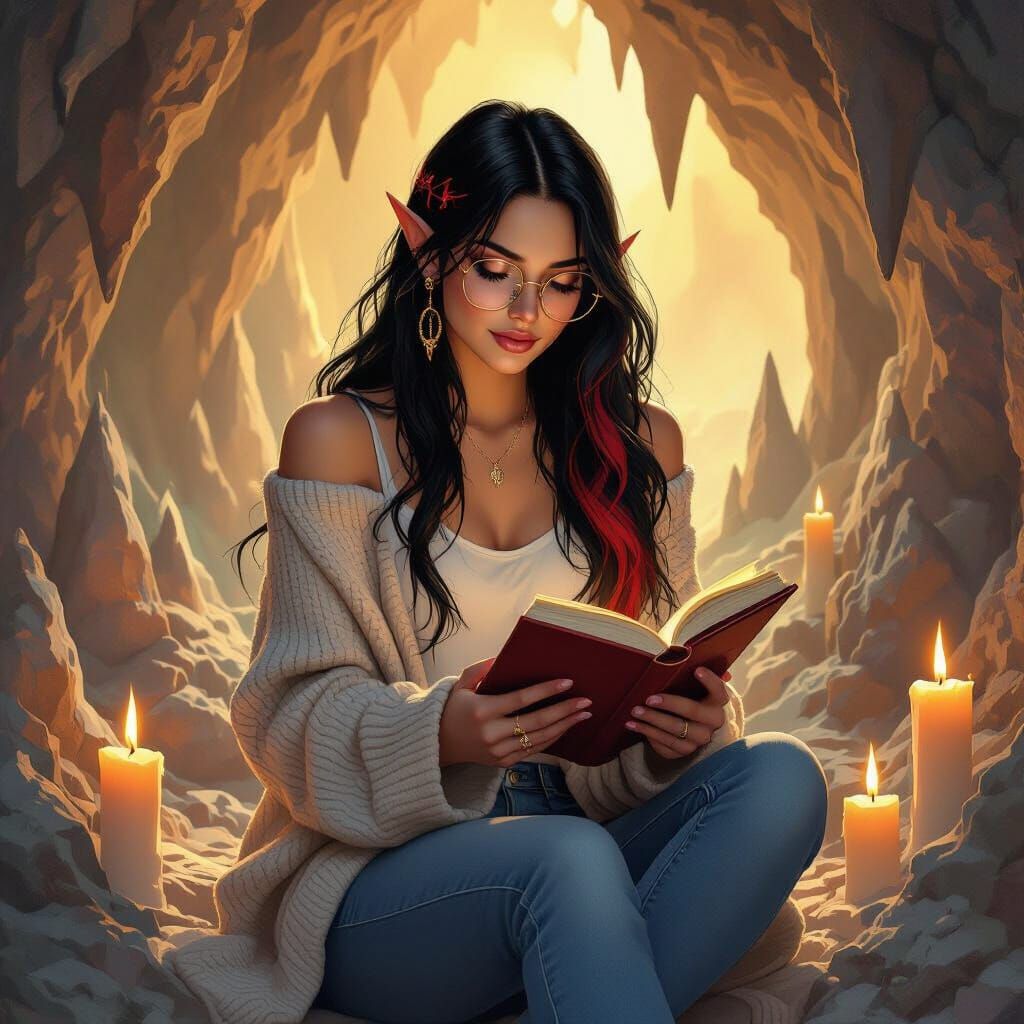 Mystical Cavern: Half-Elf Woman Reading, Fantasy Illustratio...