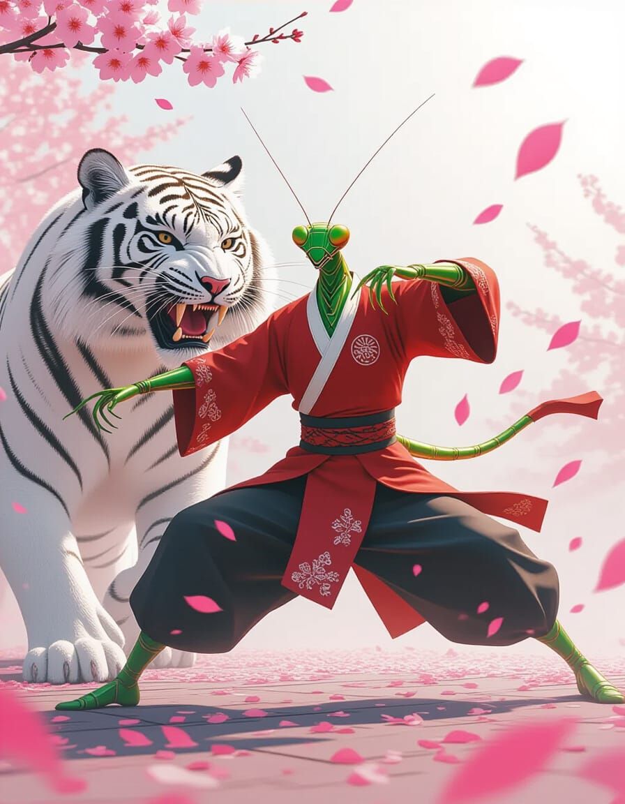 Kung Fu Mantis Fights Tiger Amidst Cherry Blossoms