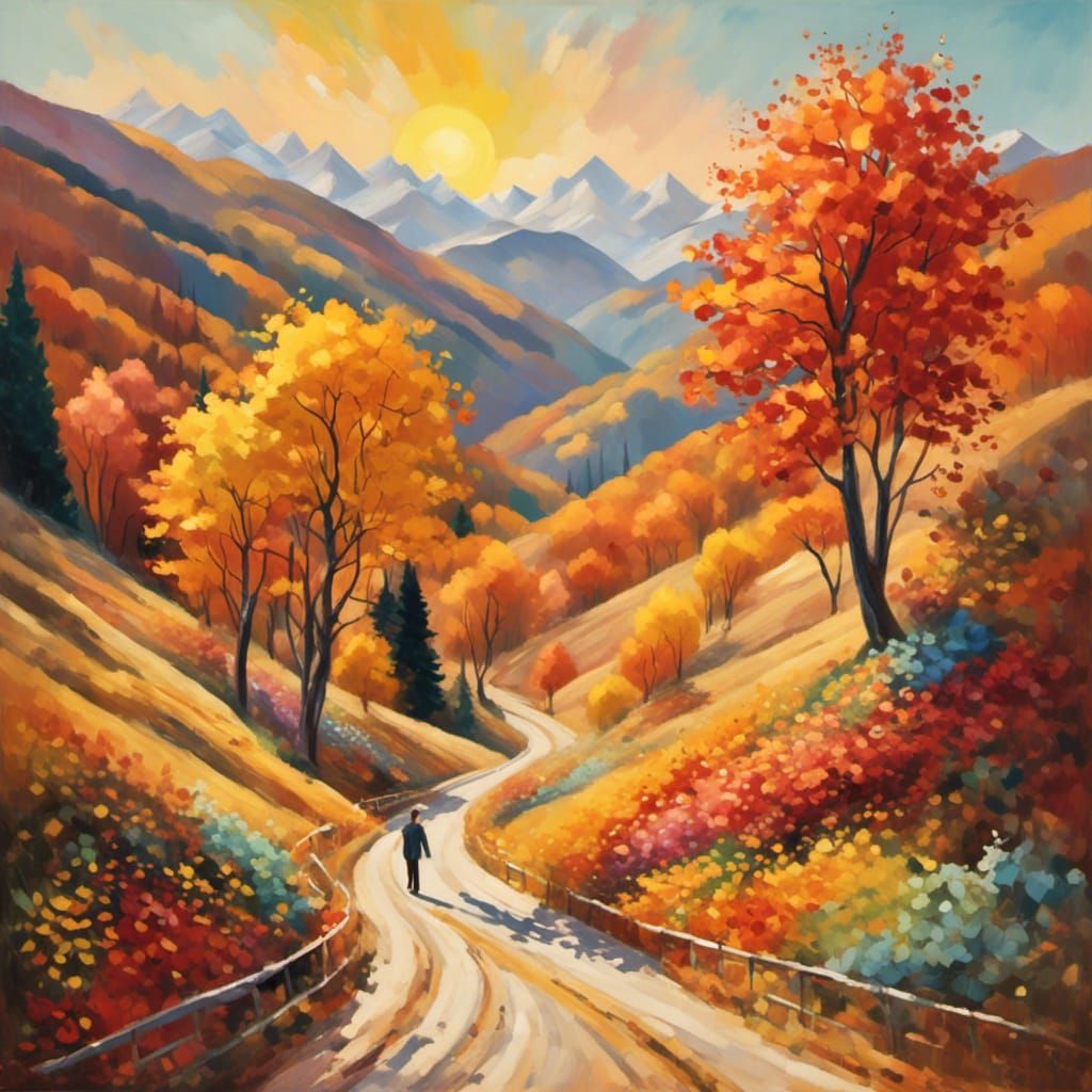Autumn Mountain Walk in Impressionistic Style