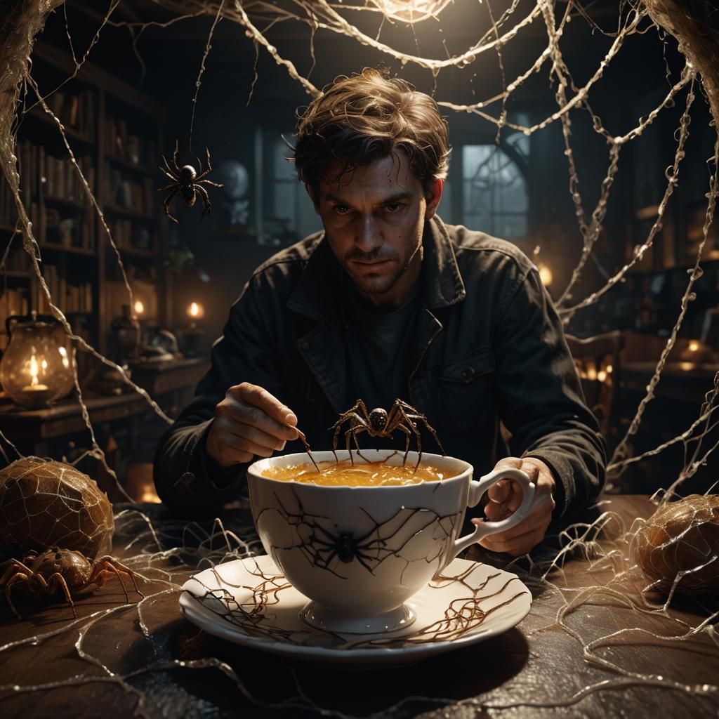 Man Trapped in Cobweb Teacup: Ultrarealistic 3D Rendering