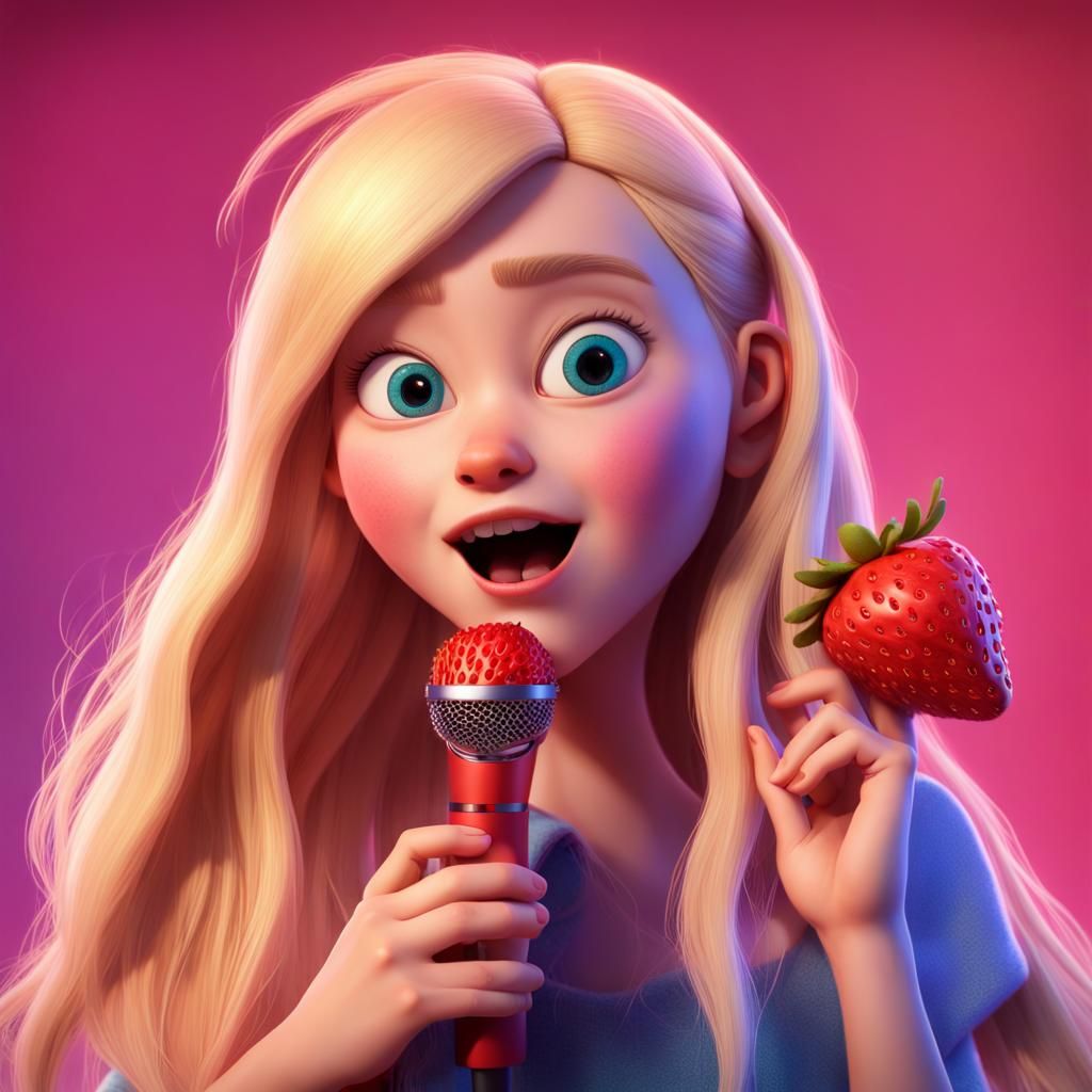 Strawberry Girl Singing: Pixar-Style 3D Digital Art