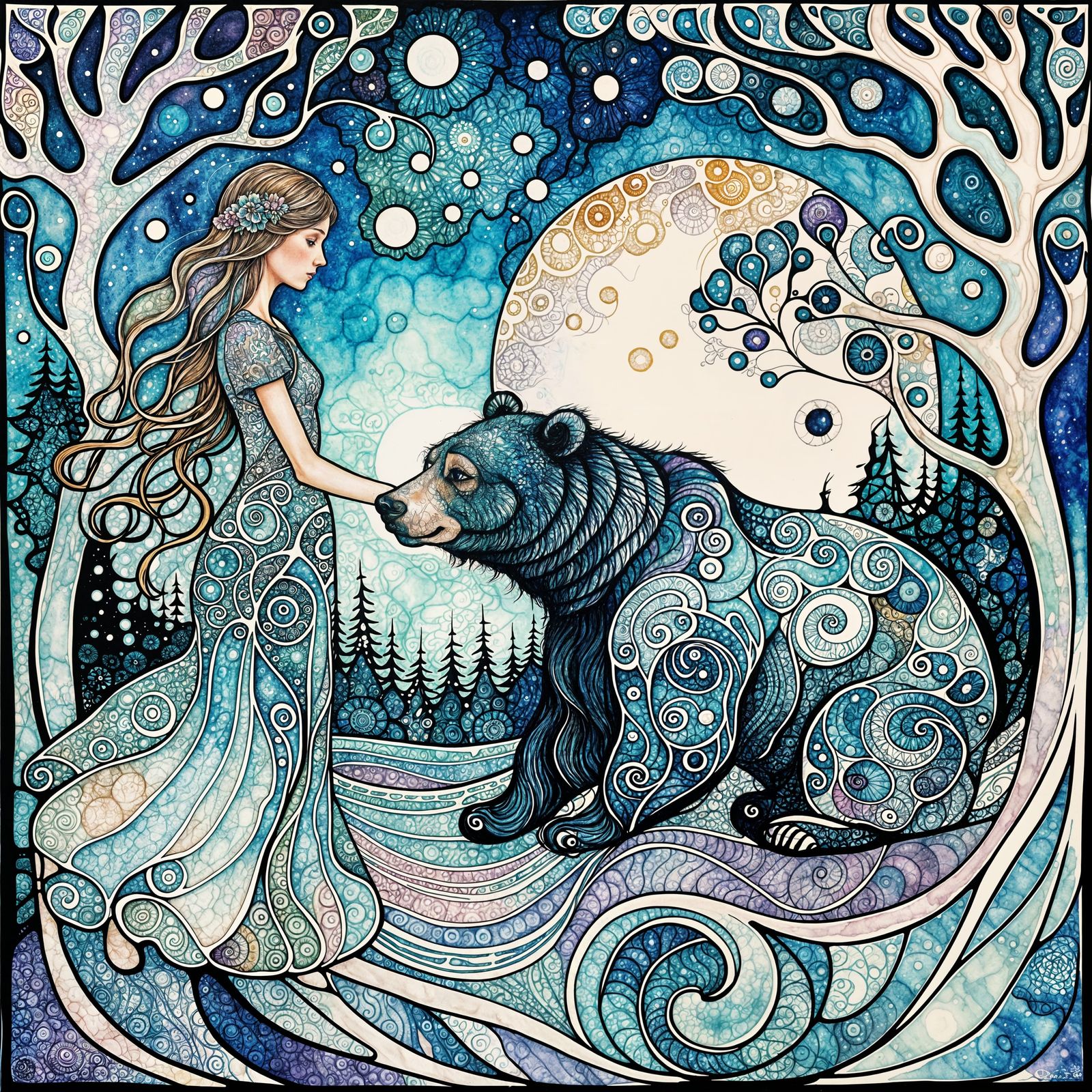 Art Nouveau Fairytale: Girl Meets Bear in Forest