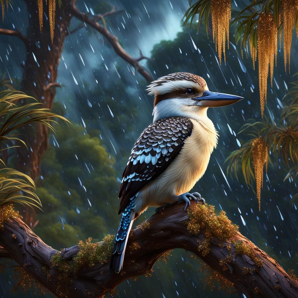 Kookaburra in Glitter Rain, Detailed Matte Painting