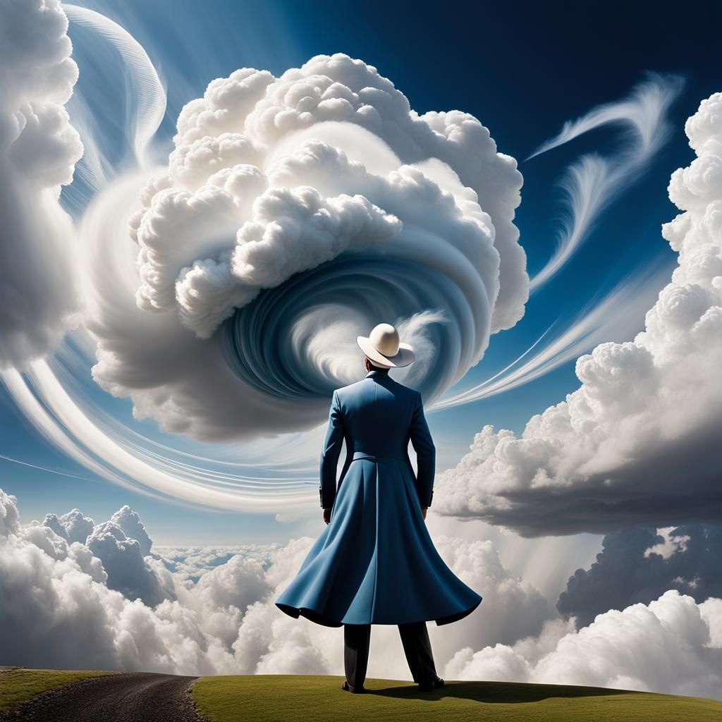 Surreal Cloud Man Blowing Wind Across Earth
