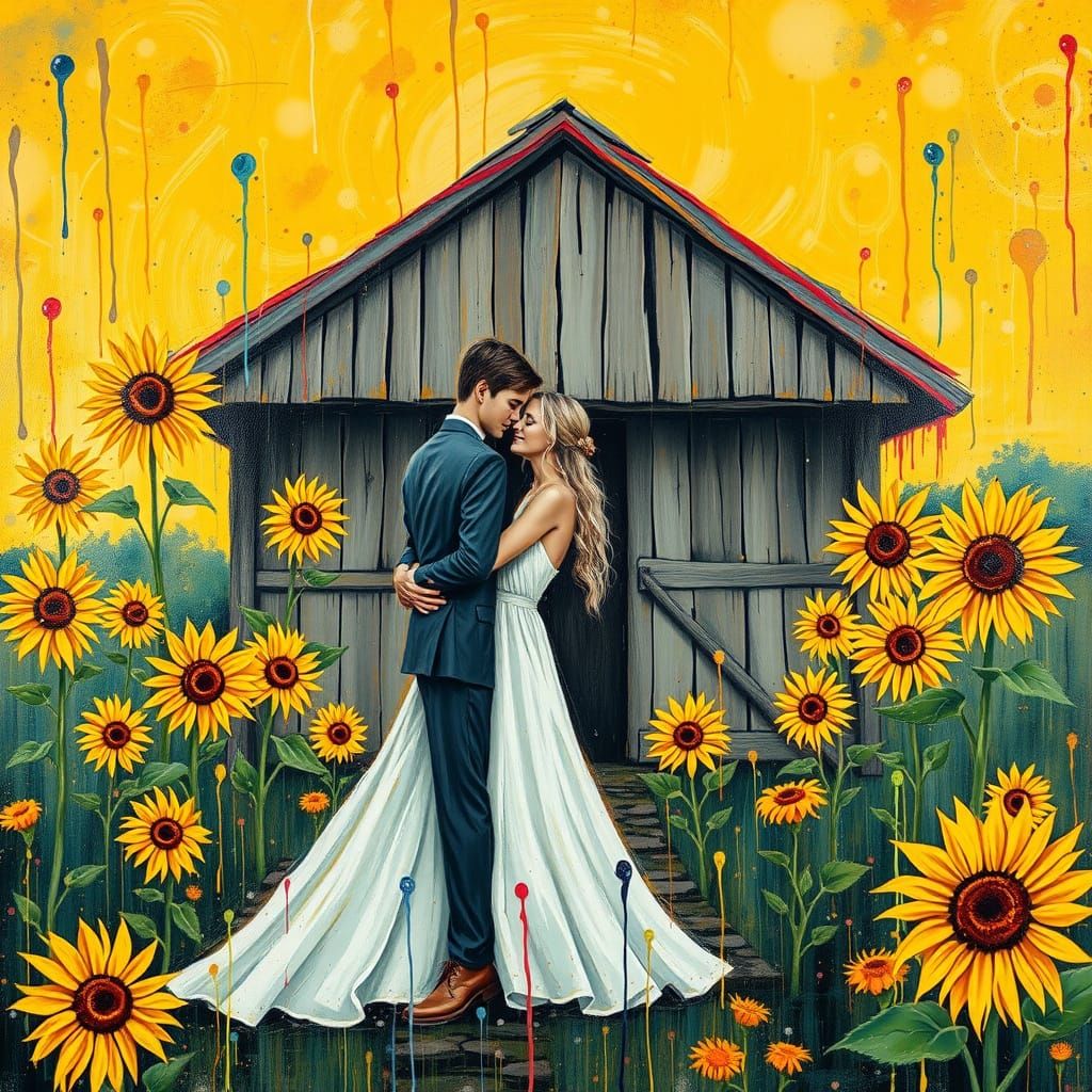 Couple in Vibrant Sunflower Dance, Inspired by Pollock and B...