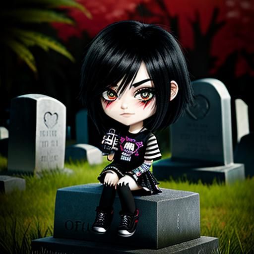 Chibi Emo teen girl 
Shiny black hair 
Smirk on her face
Sit...