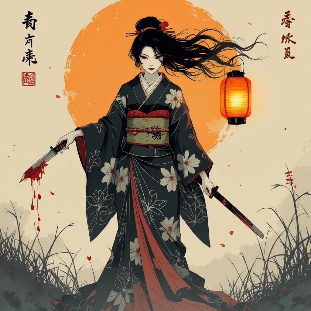 Floating Yurei Woman with Bloody Knife and Lantern