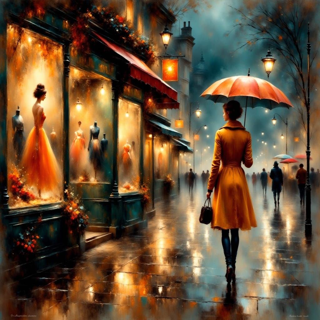 Woman Walks on Rainy Street Admiring Window Displays