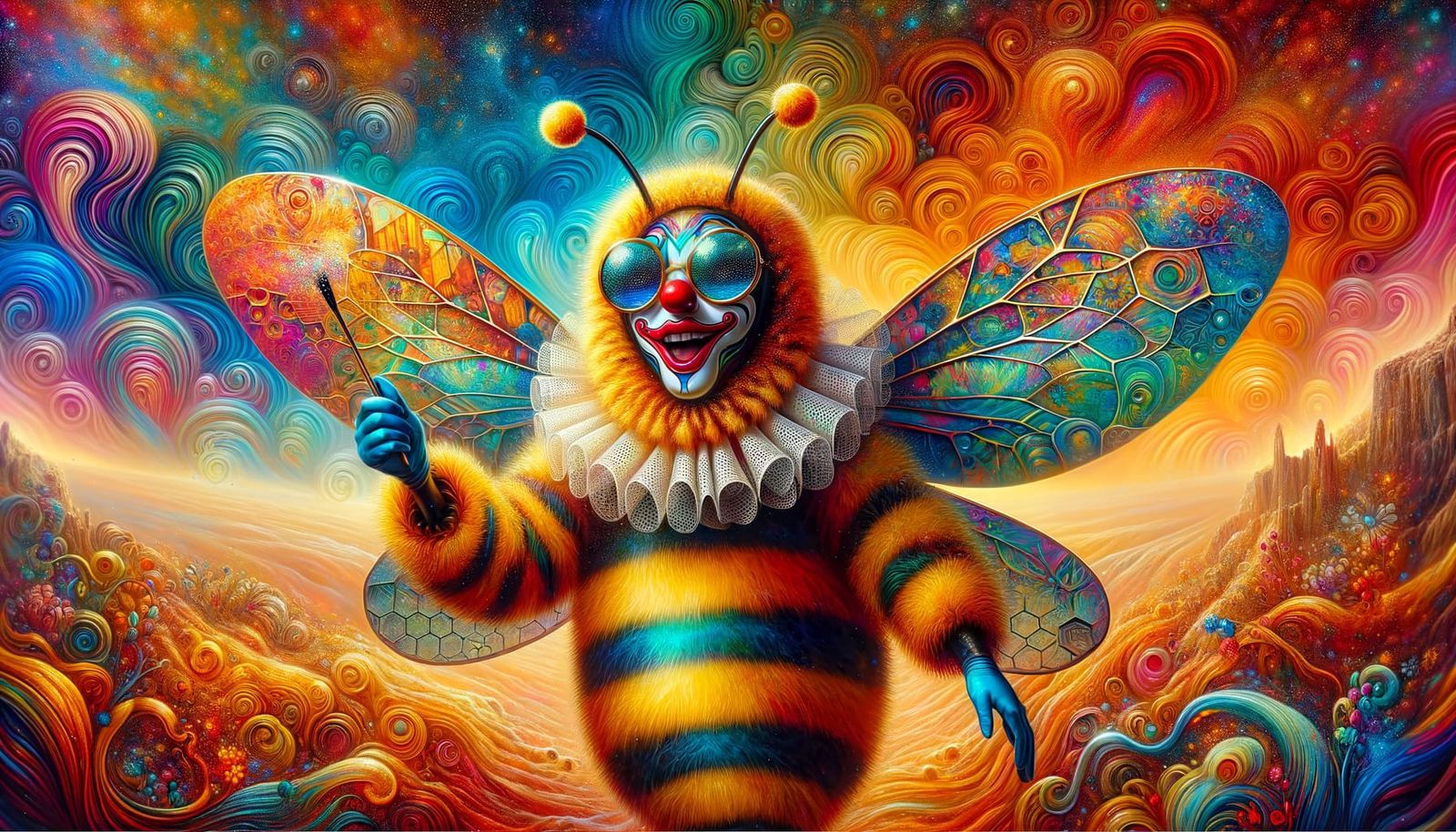 Vibrant Digital Bee Clown in Iridescent Splendor
