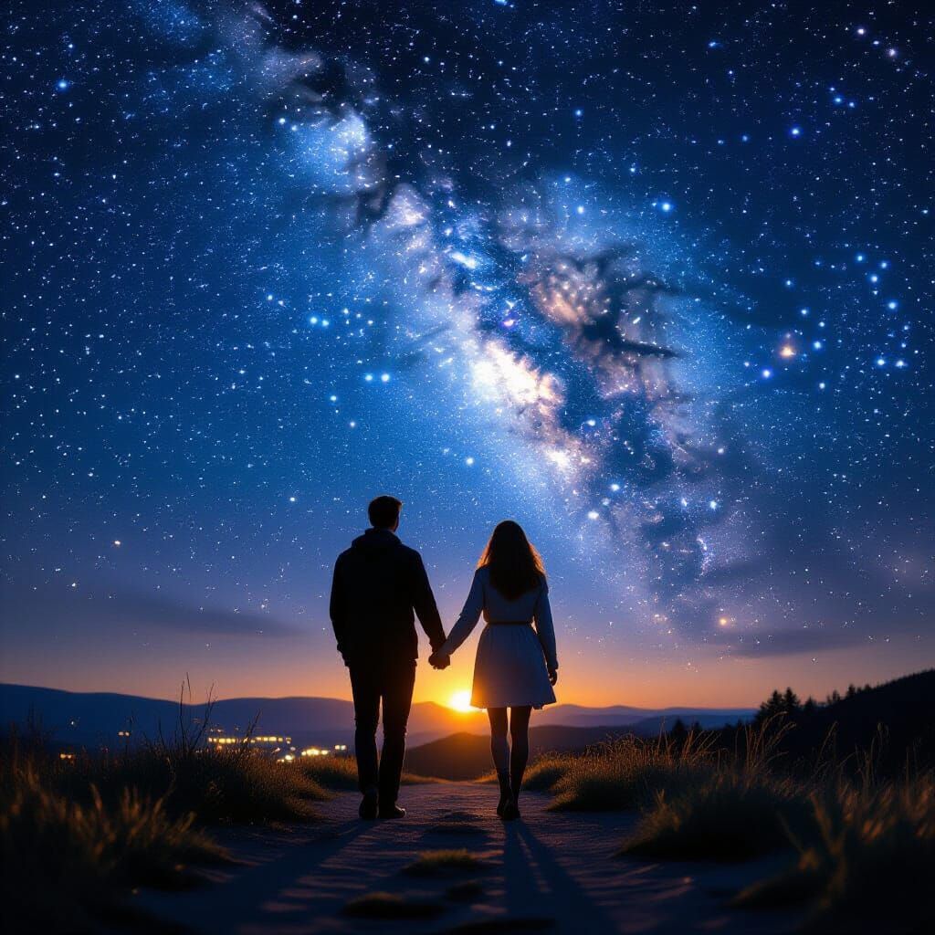 Diamond Stars Shine on Lovers Walking Hand-in-Hand