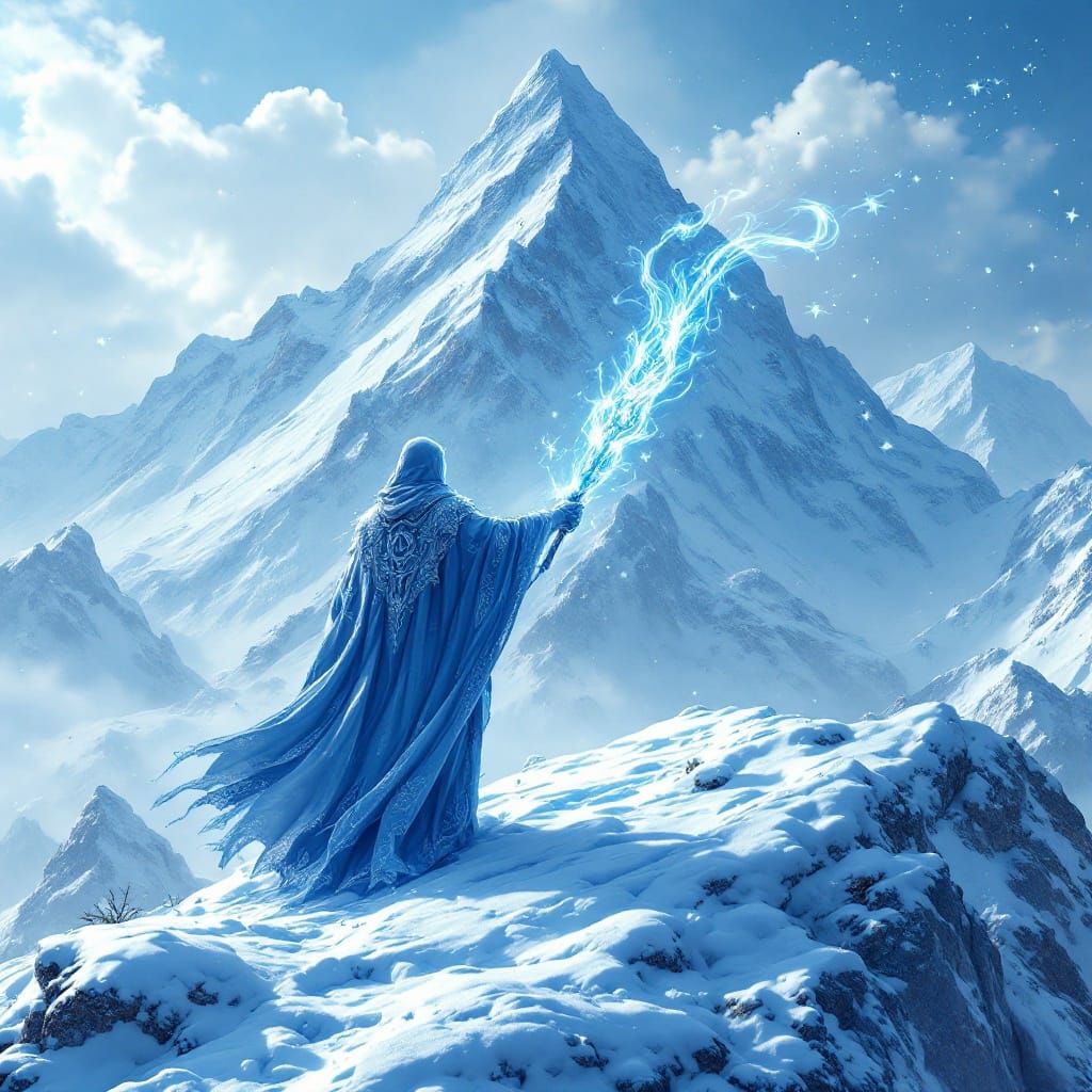 Snow Master Conjures Snowman on Mountain Peak