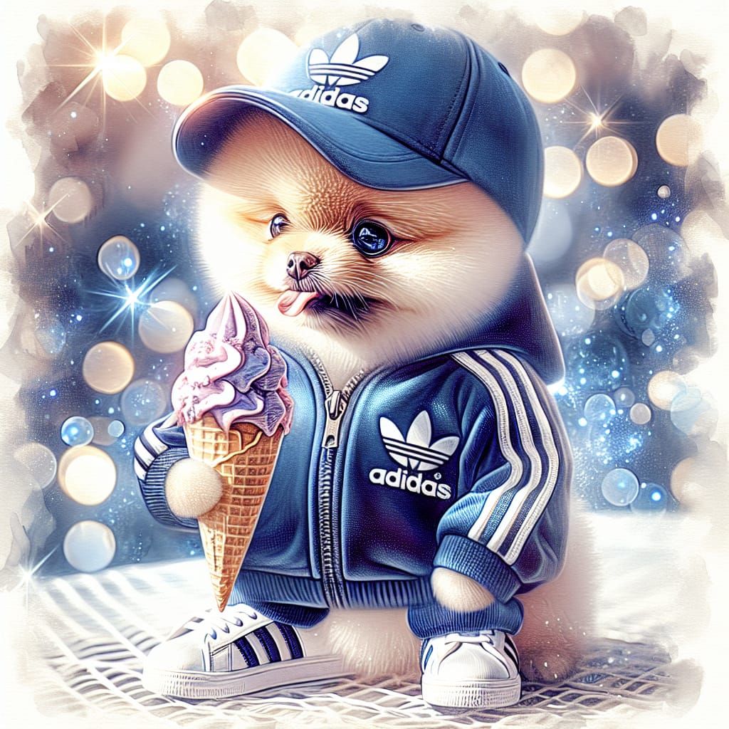 Charming Pomeranian in Adidas Tracksuit Enjoying Ice Cream i...
