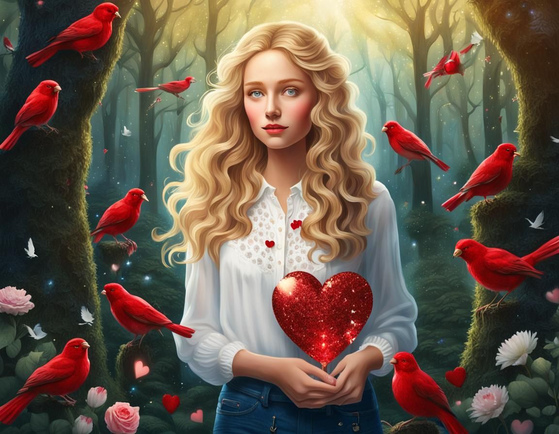 Woman in Forest Holds Glowing Heart