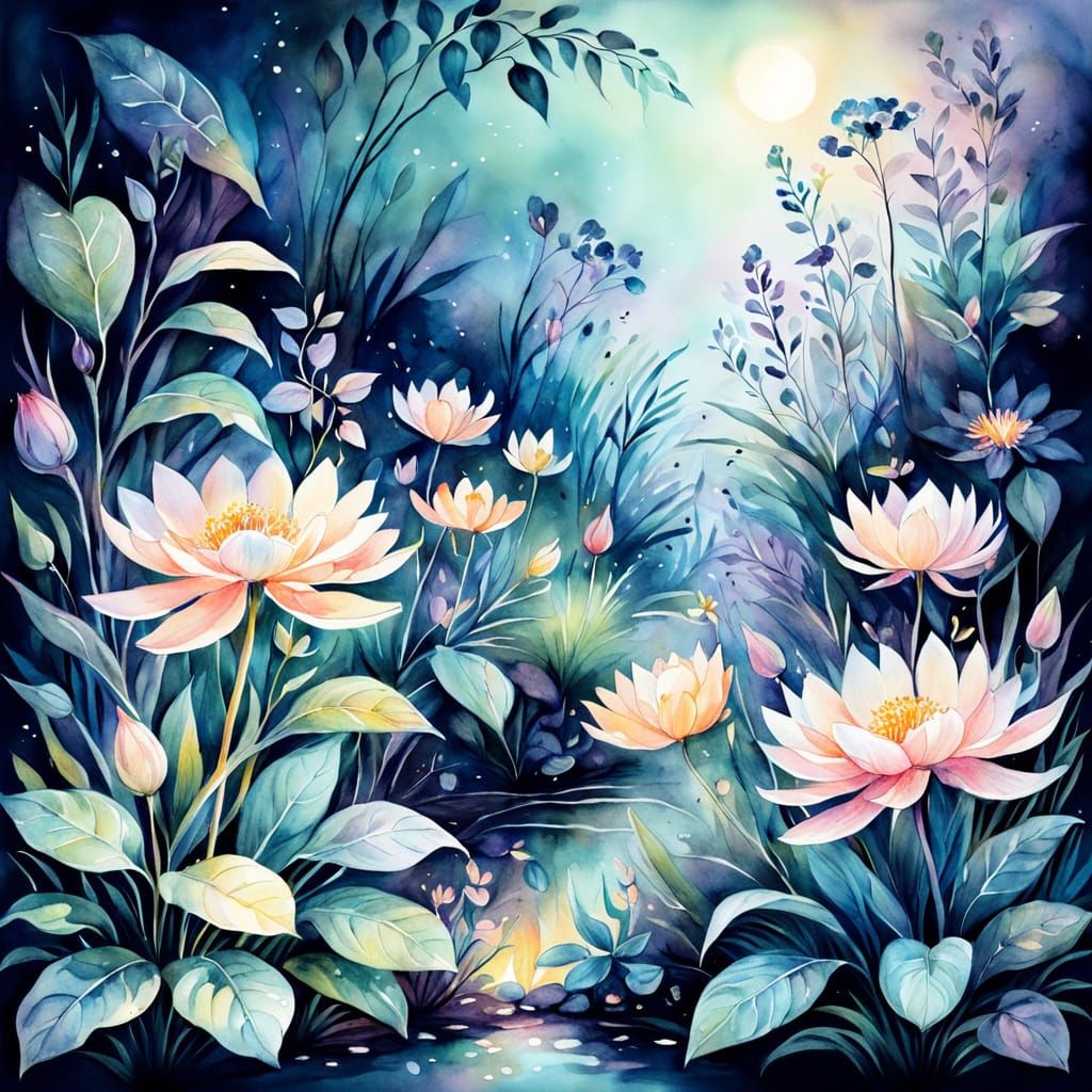 Magical Glowing Garden at Night - Watercolor Sketch