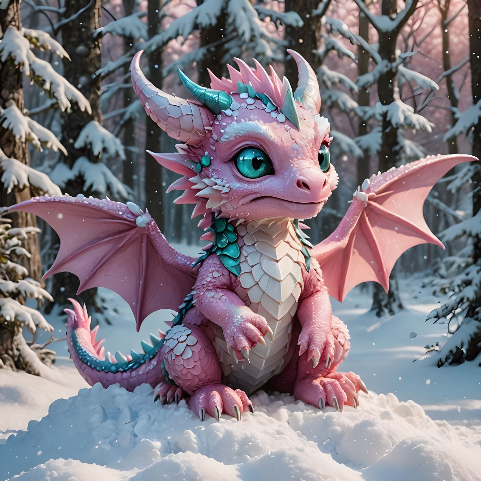 Chibi Pink Dragon in Winter Wonderland