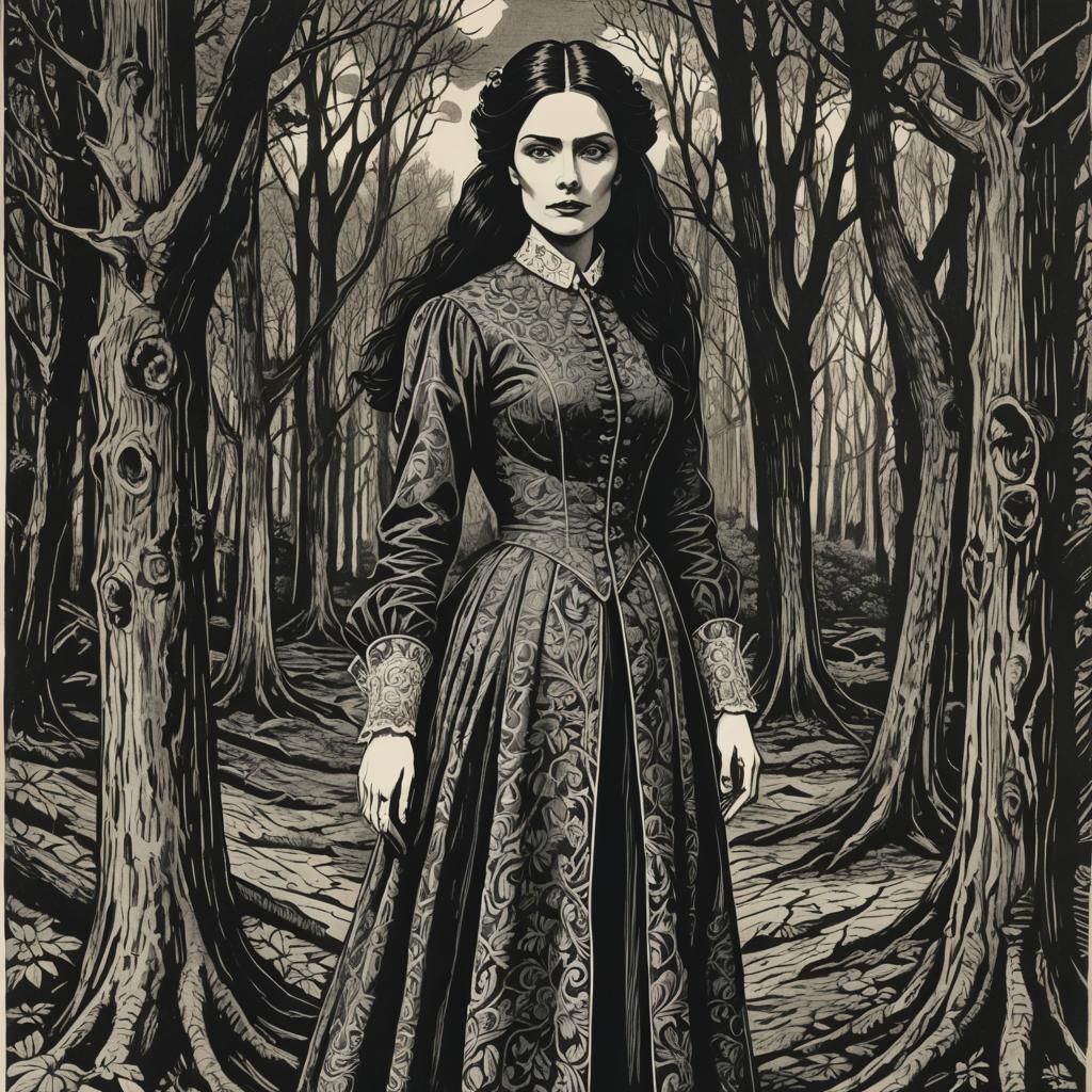 Mina Murray in London Woods: Woodcut Charcoal Drawing