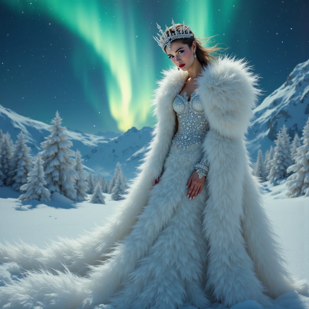 Siberian Princess on Tundra Under Aurora Borealis