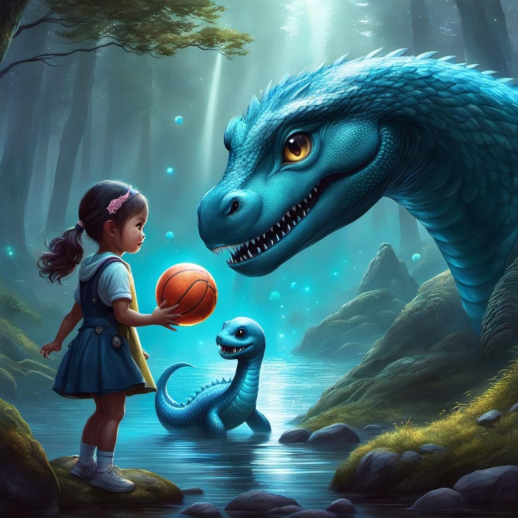 Girl Plays Ball with Baby Loch Ness Monster