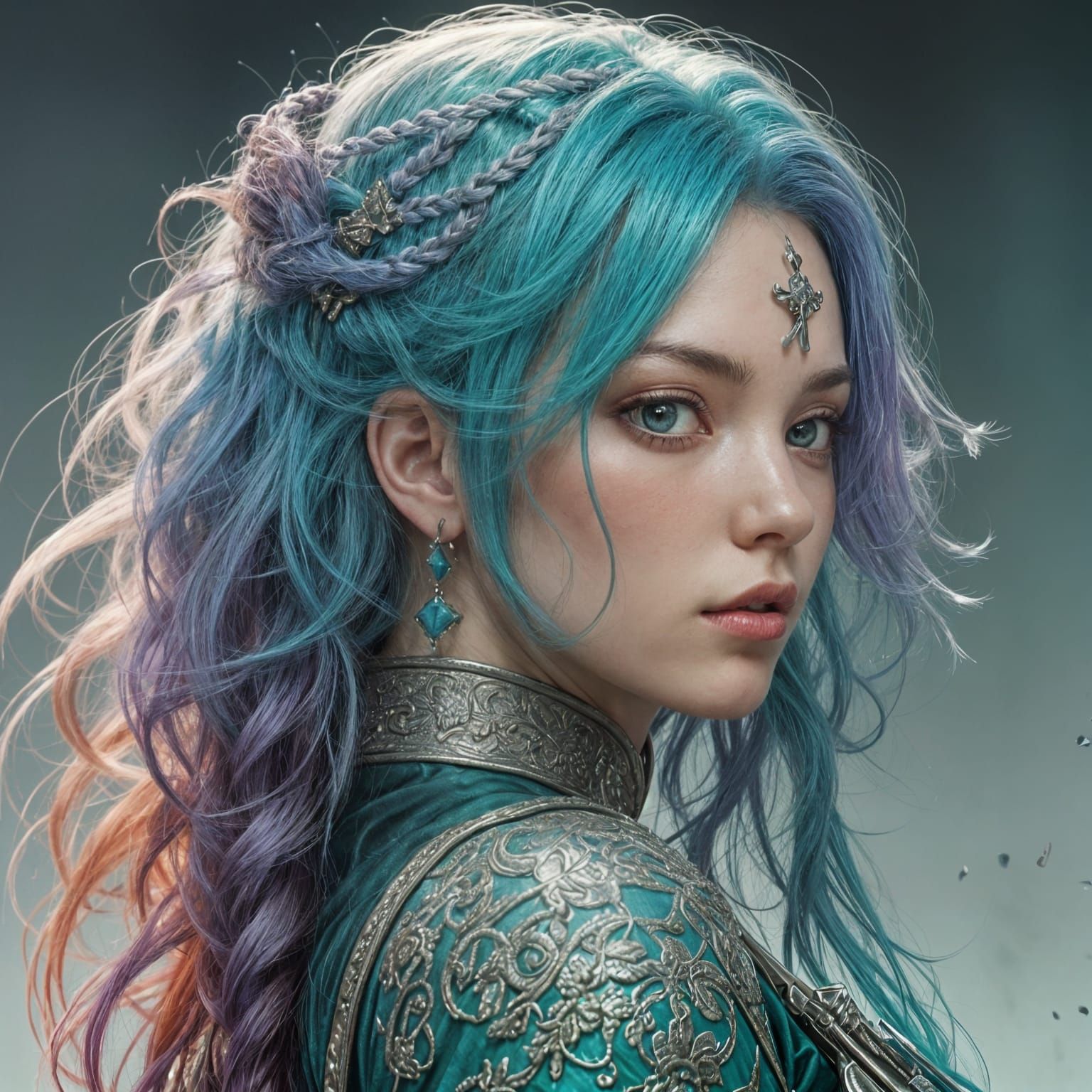 Girls with Vibrant Hair, Holding Weapons in a Futuristic Aes...