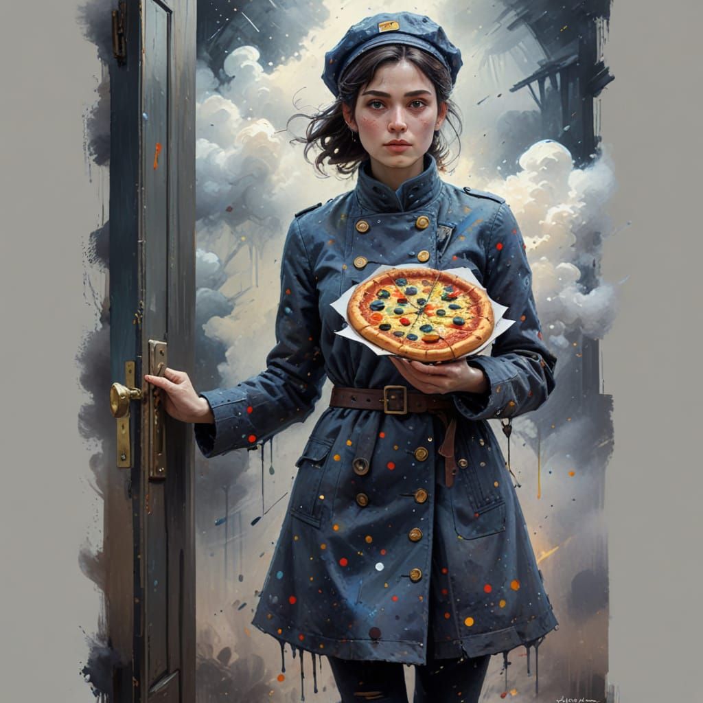 Polka Dot Pizza Delivery Woman in Neo-Impressionist Style