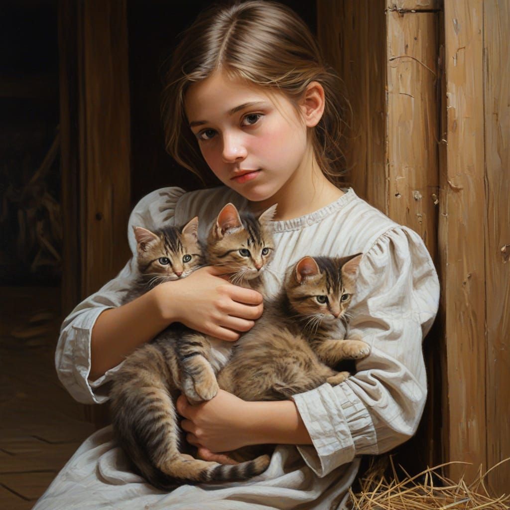 Girl with Kittens: Impressionistic Barn Scene