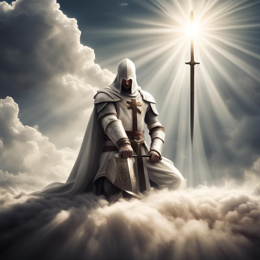 Templar kneels with his sword in front of him