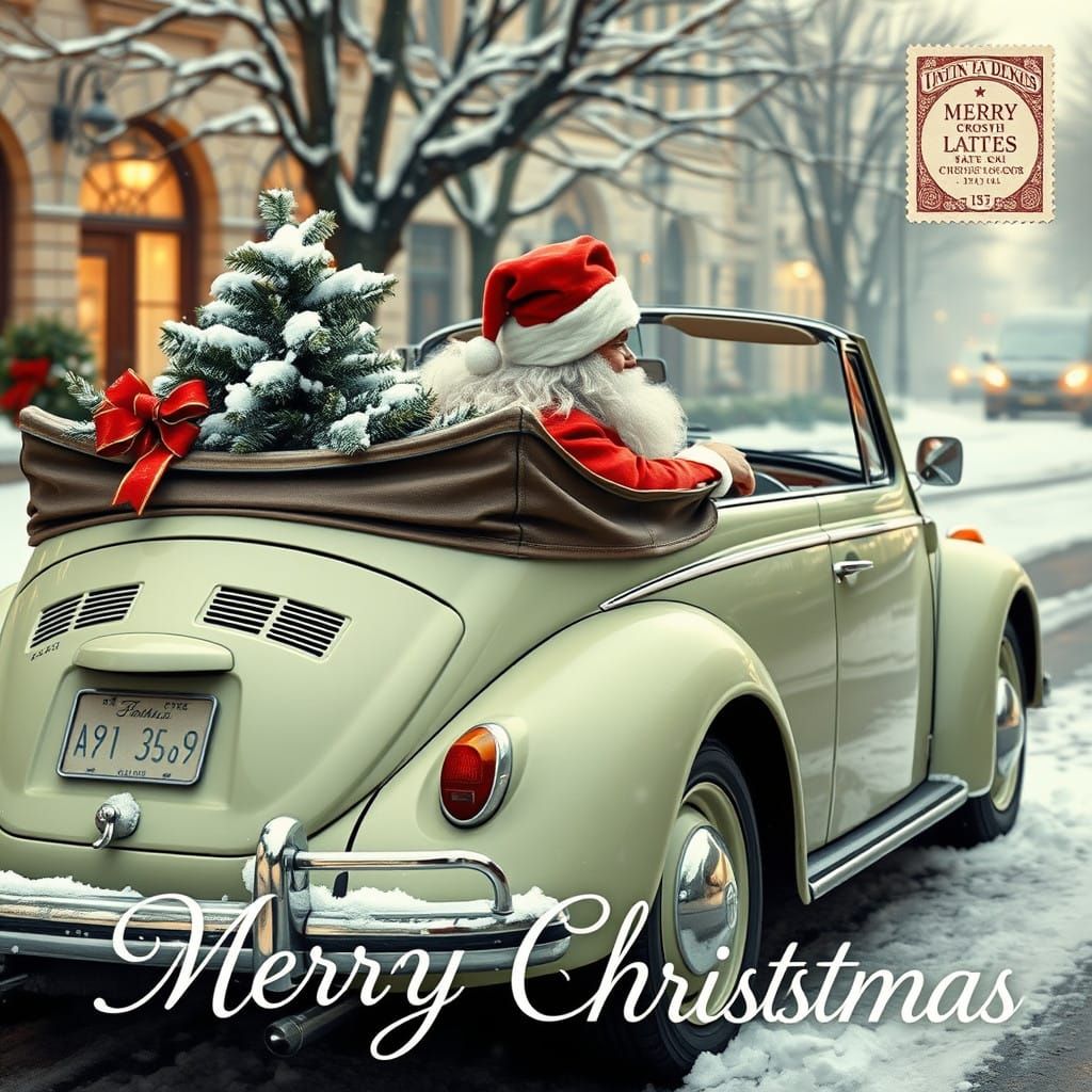 Vintage Santa Claus in Pastel VW Convertible, Victorian Chri...