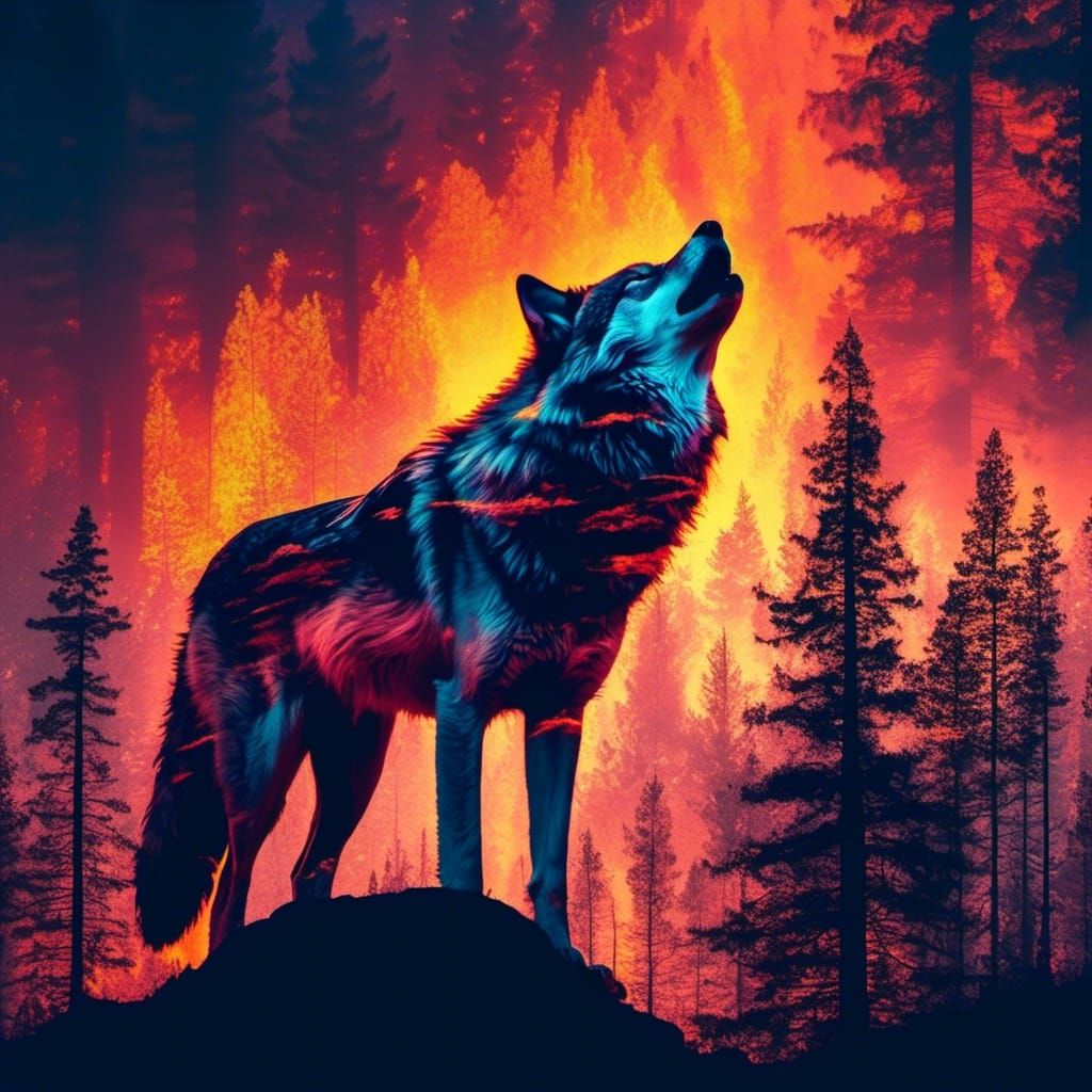 Double Exposure Forest Fire Within Wolf Silhouette