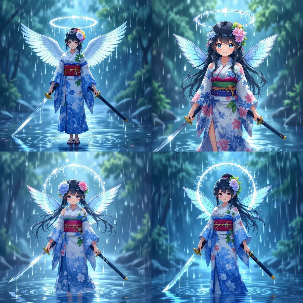 Rain Girl with Hydrangea and Raindrop Sword