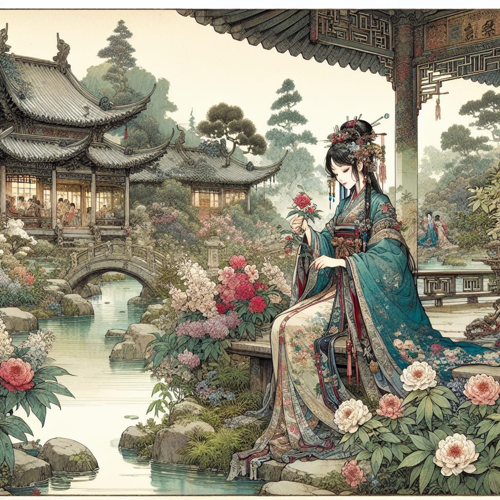 Woman in Zen Garden Gathering Flowers: Anime Style