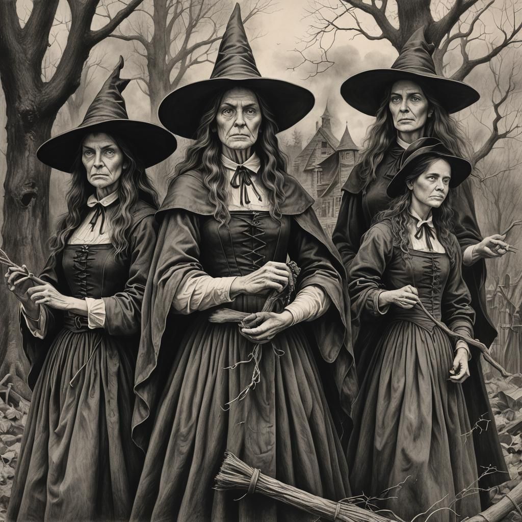 New England Puritan Witches in Charcoal
