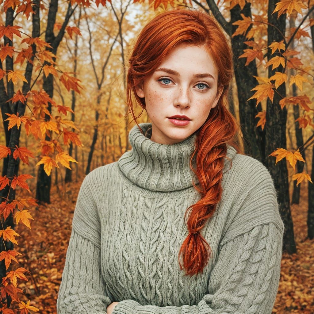 Autumn Goddess with Red Hair and Golden Eyes