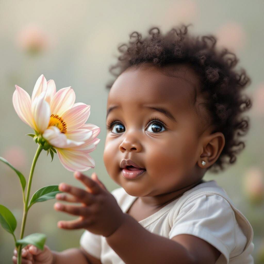 African American Baby Reaches For Giant Dew-Kissed Flower