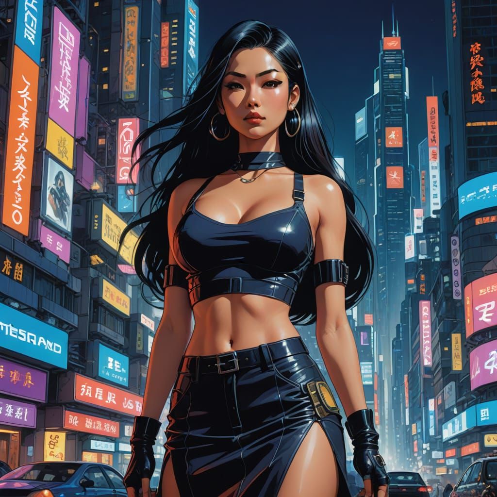 Elegant Cyberpunk Asian Woman in Neon Cityscape