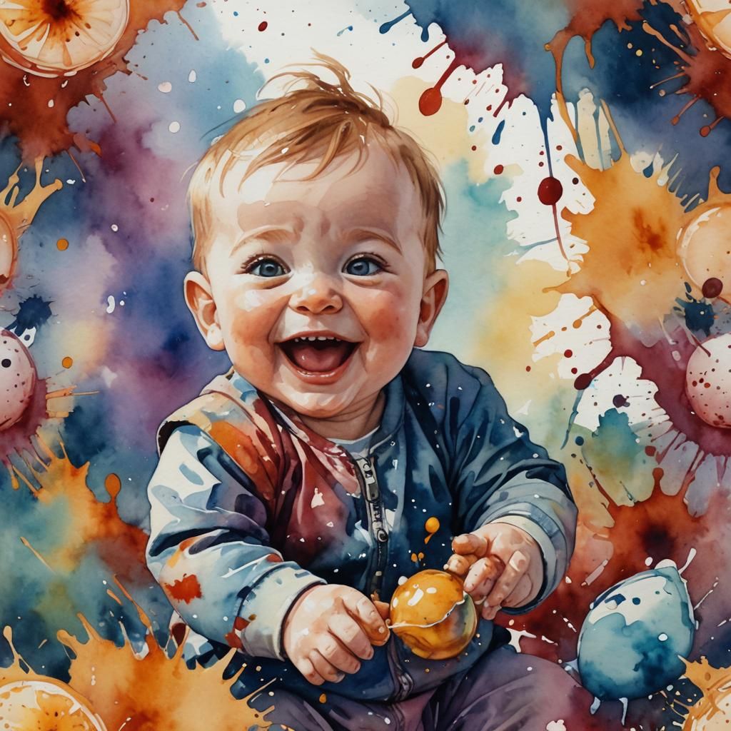 Happy Baby Portrait in Detailed Watercolor