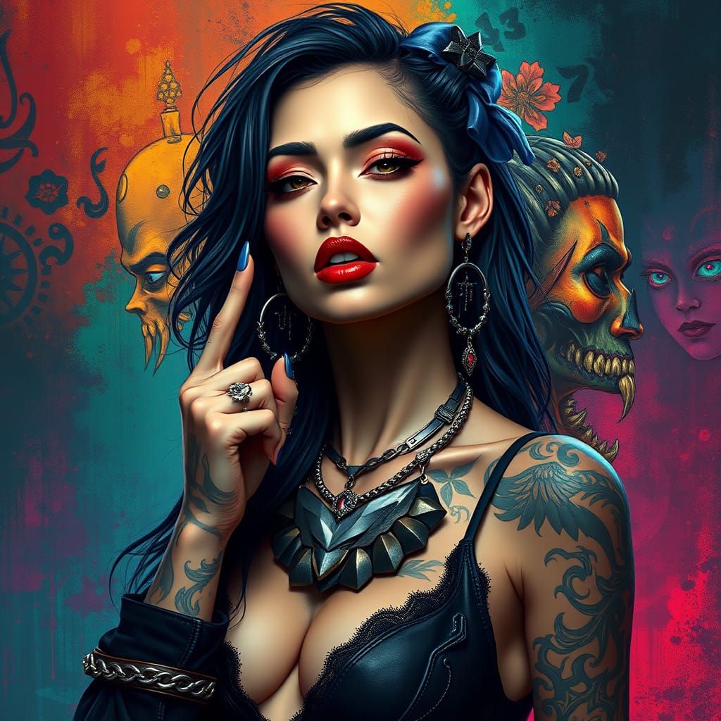 Surreal Fantasy Portrait of a Tattooed Woman in Dark Urban S...