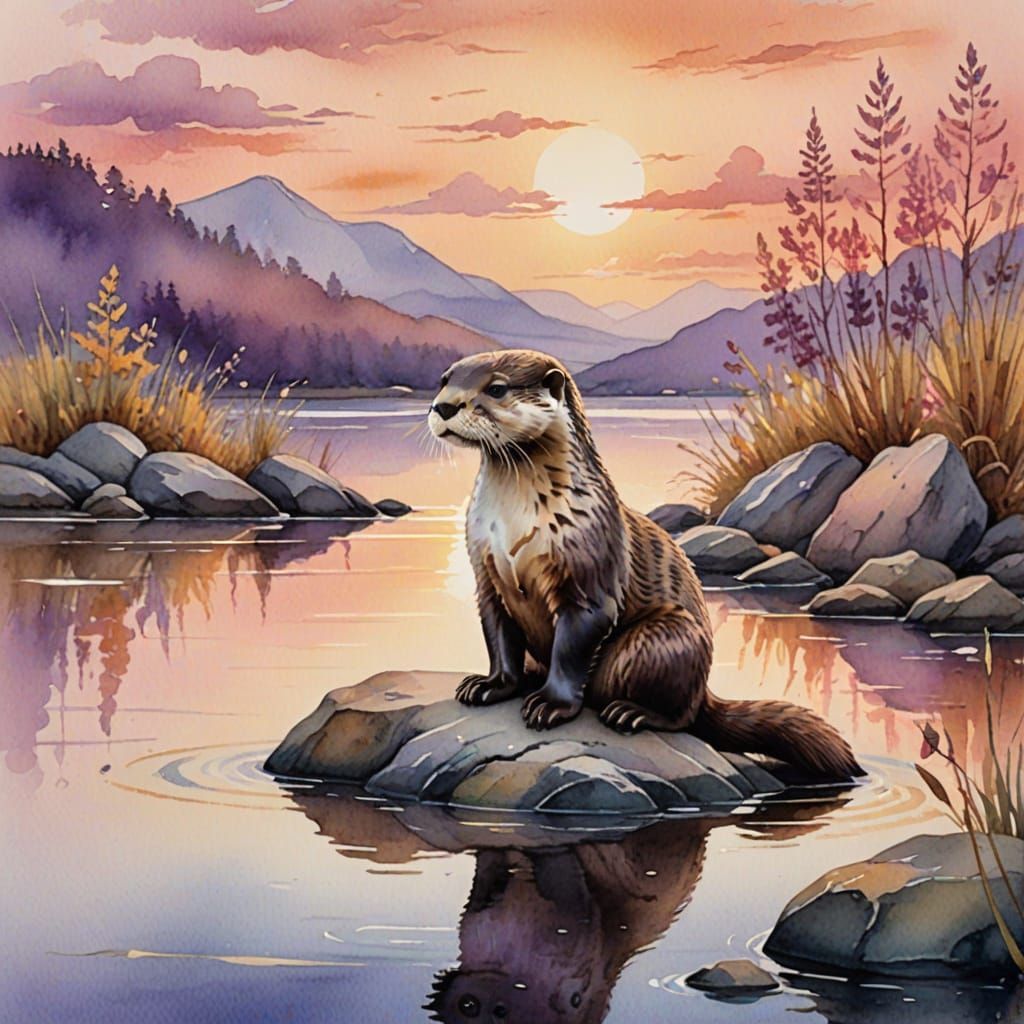 Whimsical Watercolor Otter at Sunset