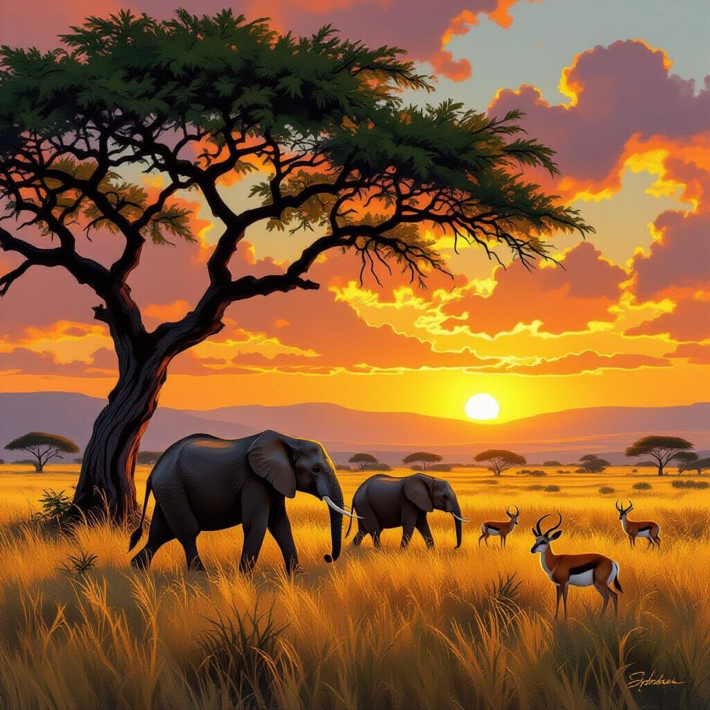 Elephants in Golden Light: Savanna Sunset