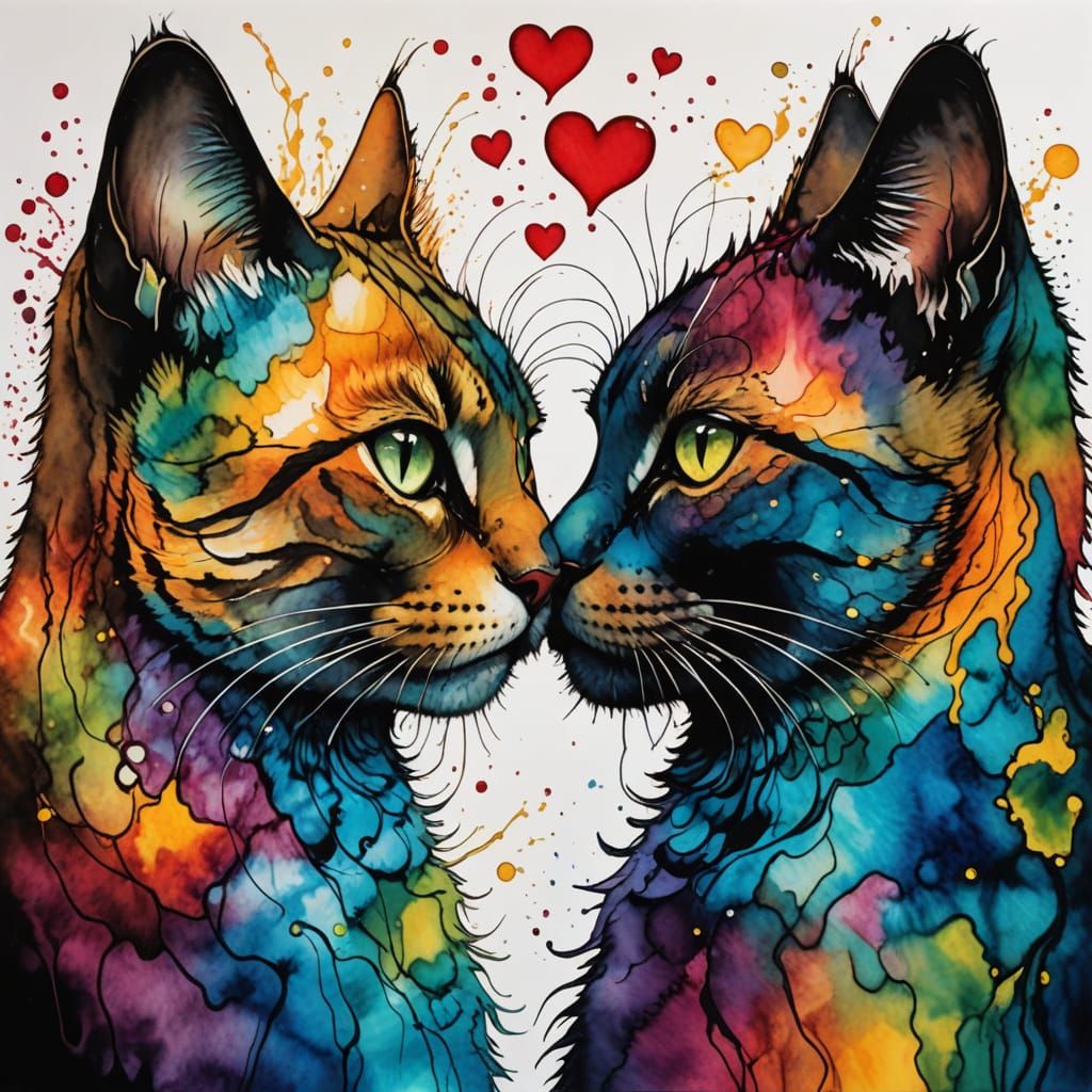 Surreal Cartoon Cat Couple in a Whimsical Kiss