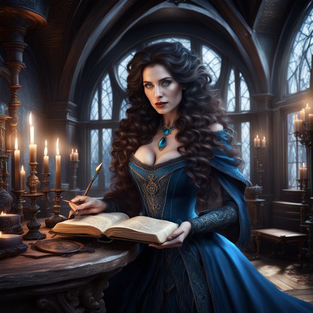 Winter Sorceress Casting Spells in Victorian Attic