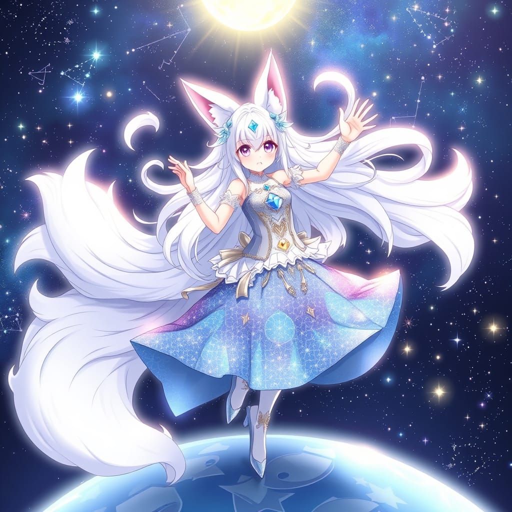 Celestial Fox Girl Dances in Night Sky: Anime Art