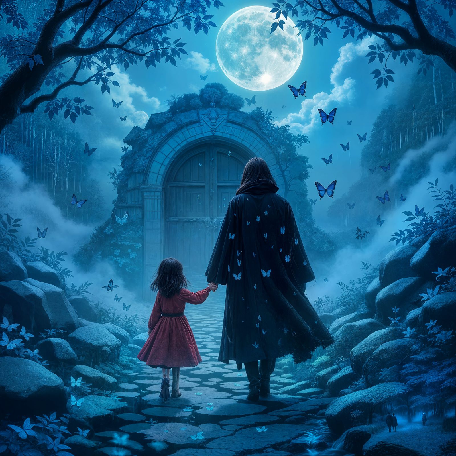 Mysterious Forest Path with Anime Style Figures