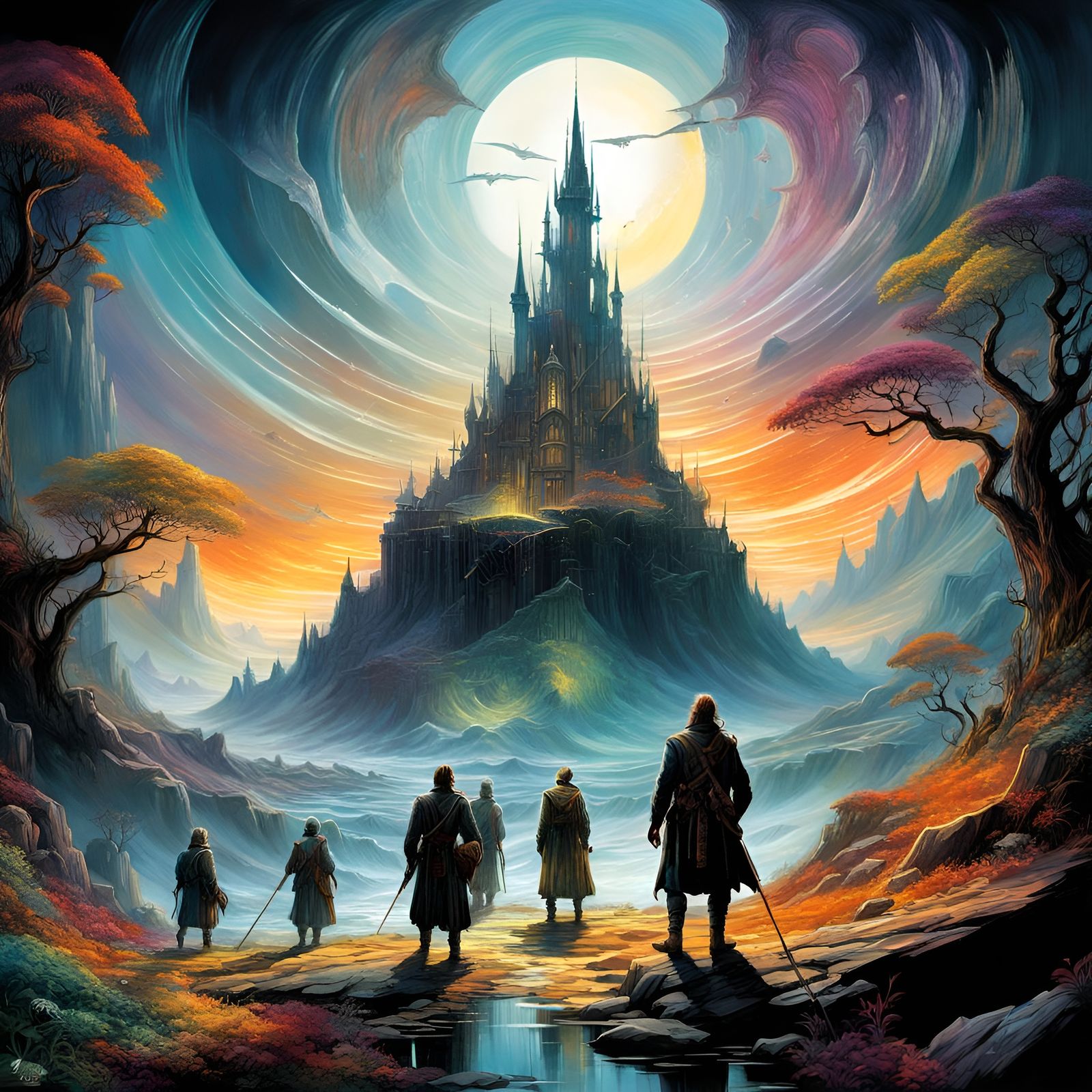 Colorful Fantasy Scene with People in Hyperrealistic Style