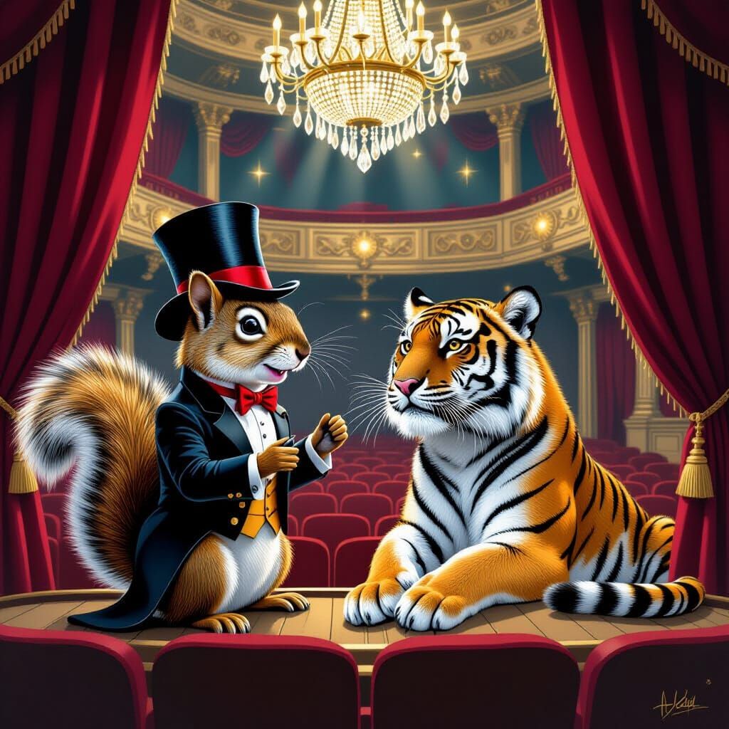 Squirrel Entertains Tiger in Surrealist Theater