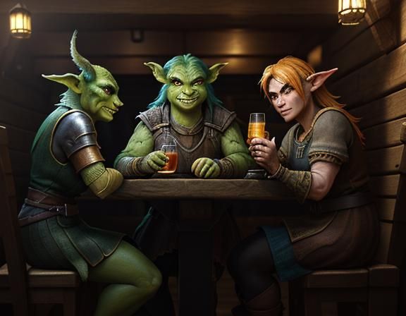 Female Goblins Enjoying Cocktails in Rustic Tavern