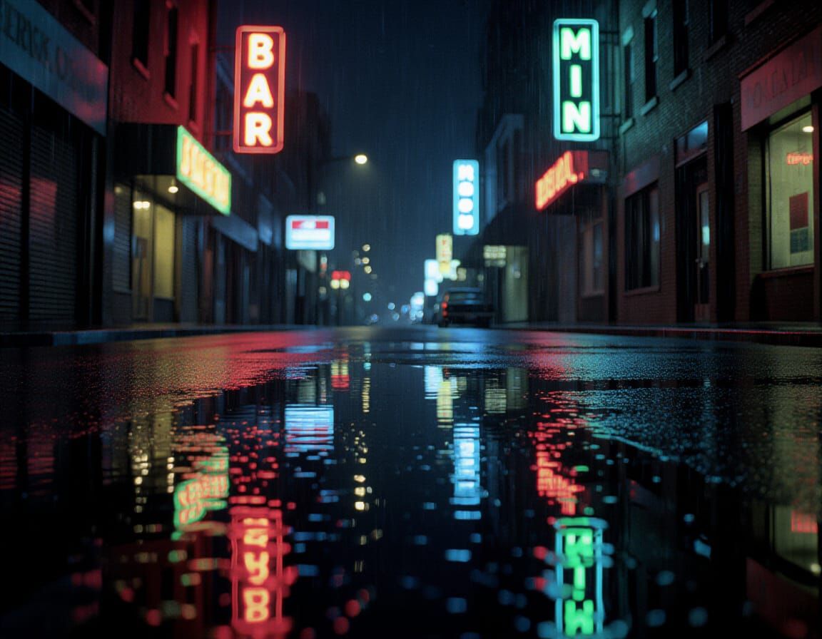 Rainy Street Reflection in Neo-Noir Style