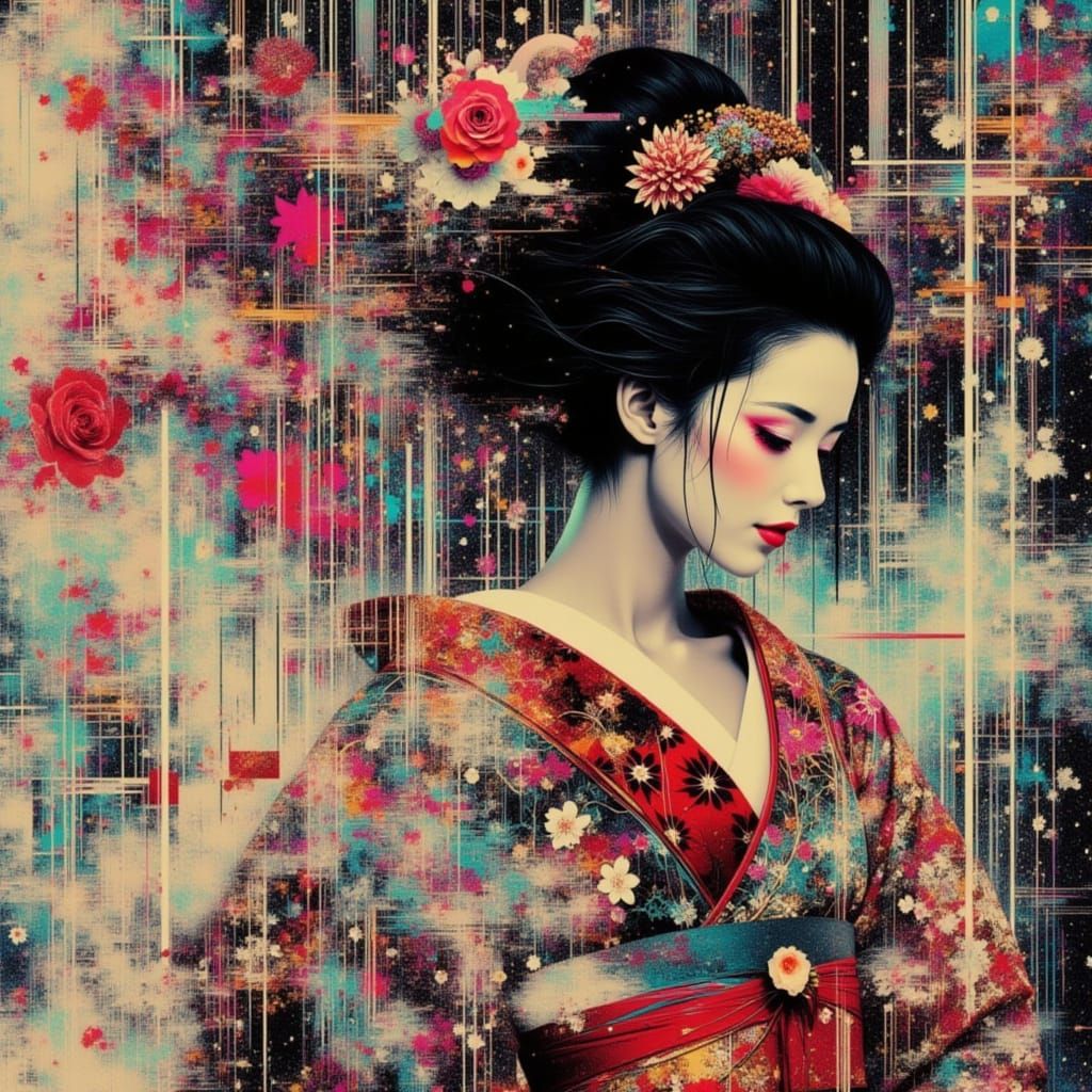 Geisha in Glitch Art Style